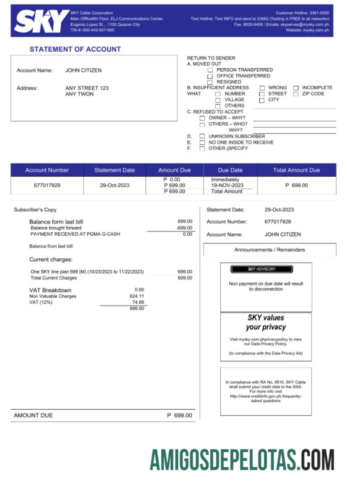Para baixar modelo Word e PDF de conta de serviços públicos da Filipinas Sky Cable Corporation